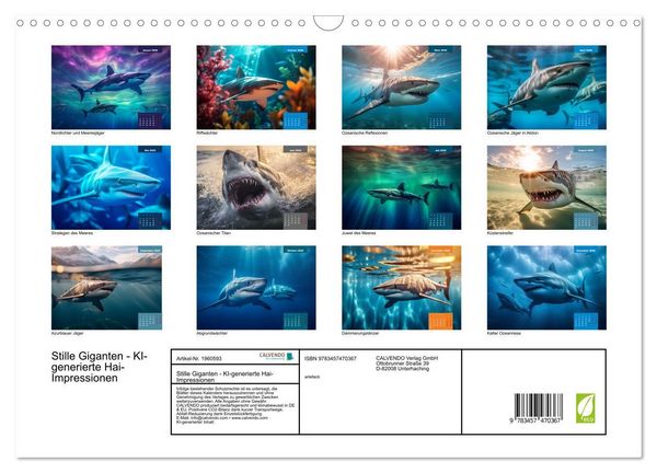 Produktbild: Stille Giganten - KI-generierte Hai-Impressionen (Wandkalender 2026 DIN A3 quer), CALVENDO Monatskalender