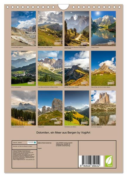 Produktbild: Dolomiten, ein Meer aus Bergen by VogtArt (Wandkalender 2026 DIN A4 hoch), CALVENDO Monatskalender