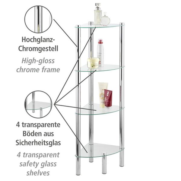 Produktbild: Eckregal Mod. Yago mit 4 Glasablagen, aus Edelstahl und Sicherheitsglas