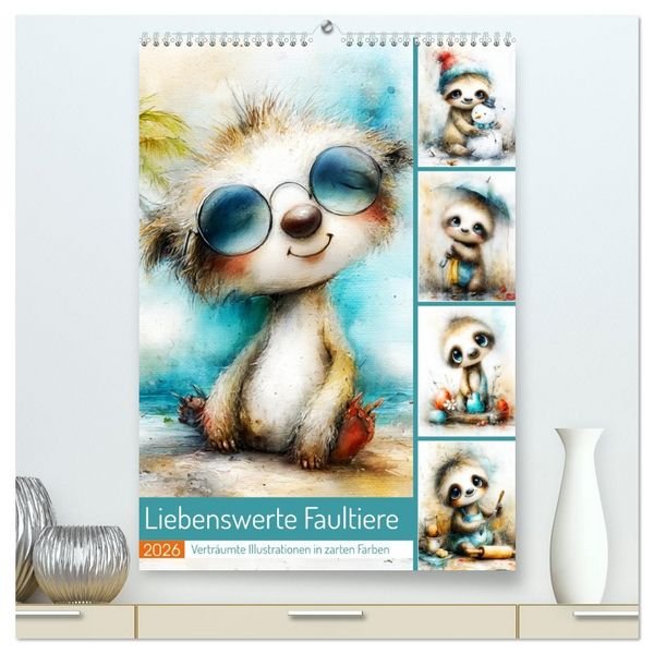 Produktbild: Liebenswerte Faultiere. Vertr&auml;umte Illustrationen in zarten Farben (hochwertiger Premium Wandkalender 2026 DIN A2 hoch), Kunstdruck in Hochglanz