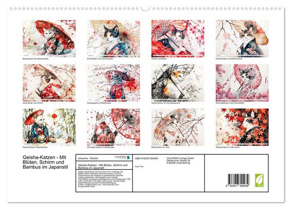 Produktbild: Geisha-Katzen - Mit Bl&uuml;ten, Schirm und Bambus im Japanstil (hochwertiger Premium Wandkalender 2026 DIN A2 quer), Kunstdruck in Hochglanz