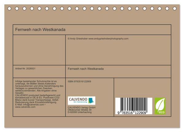 Produktbild: Fernweh nach Westkanada (Tischkalender 2026 DIN A5 quer), CALVENDO Monatskalender