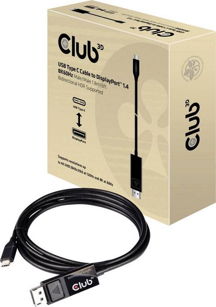 Produktbild: club3D USB-C&reg; / DisplayPort Adapterkabel USB-C&reg; Stecker, DisplayPort Stecker 1.80 m Schwarz CAC-1557 Flammwidrig USB-C&reg;-Displaykabel