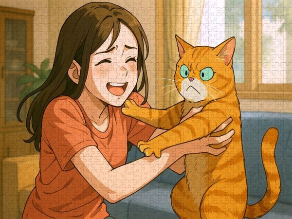 Produktbild: CALVENDO Puzzle Frau umarmt Katze, die das nicht will | 1000 Teile Lege-Gr&ouml;&szlig;e 64x48cm Foto-Puzzle f&uuml;r gl&uuml;ckliche Stunden