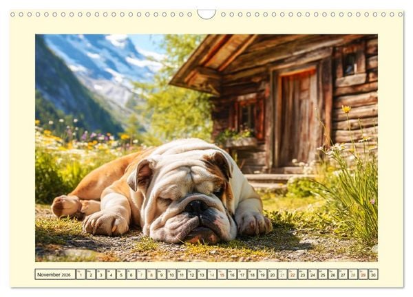 Produktbild: Bulldogs on Tour. Urlaubsreif und schnaufend zum Gipfelgl&uuml;ck (Wandkalender 2026 DIN A3 quer), CALVENDO Monatskalender