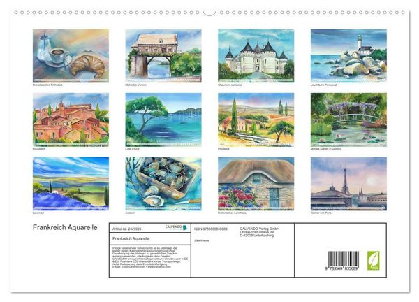 Produktbild: Frankreich Aquarelle (hochwertiger Premium Wandkalender 2027 DIN A2 quer), Kunstdruck in Hochglanz