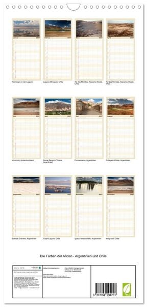 Produktbild: Familienplaner 2027 - Die Farben der Anden - Argentinien und Chile mit 5 Spalten (Wandkalender, 21 x 45 cm) CALVENDO