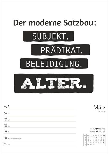 Produktbild: Typo-Spr&uuml;che-Kalender s/w Wochenplaner 2027 - mit 53 witzigen Spr&uuml;chen