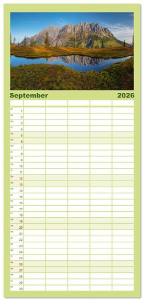 Produktbild: Familienplaner 2026 - Leidenschaft Landschaften mit 5 Spalten (Wandkalender, 21 x 45 cm) CALVENDO