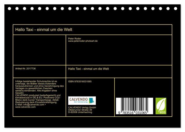 Produktbild: Hallo Taxi - einmal um die Welt (Tischkalender 2026 DIN A5 quer), CALVENDO Monatskalender