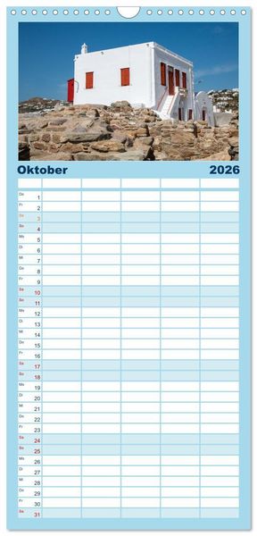 Produktbild: Familienplaner 2026 - Mykonos - Natur, Meer und wei&szlig;e W&auml;nde mit 5 Spalten (Wandkalender, 21 x 45 cm) CALVENDO