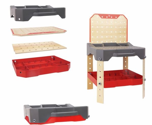Produktbild: Hape E3036 - Kinder-Werkbank mit Werkzeug-Zubeh&ouml;r, Spielset, Spielh&ouml;he einstellbar, 40x84x45cm