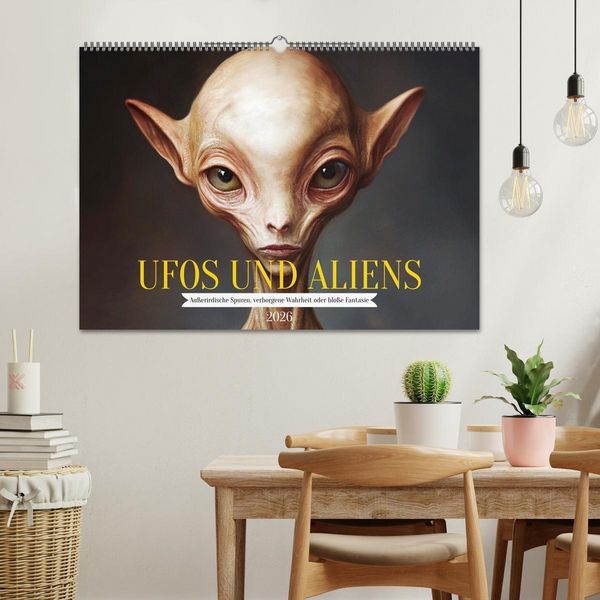 Produktbild: UFOs und Aliens - Au&szlig;erirdische Spuren, verborgene Wahrheit oder blo&szlig;e Fantasie (Wandkalender 2026 DIN A2 quer), CALVENDO Monatskalender