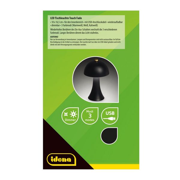 Produktbild: Idena LED Tischleuchte Touch Fado Metall schwarz 10x16,5cm Akku USB C dimmbar 3 Modi Innen