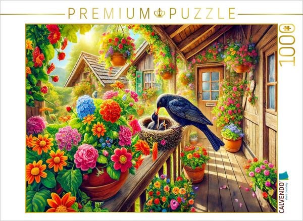 CALVENDO Puzzle Amsel füttert ihre Jungen im Nest auf der Veranda | 1000 Teile Lege-Größe 64x48cm Foto-Puzzle für glückliche Stunden