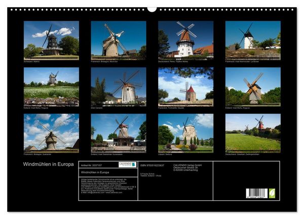 Produktbild: Windm&uuml;hlen in Europa (Wandkalender 2026 DIN A2 quer), CALVENDO Monatskalender