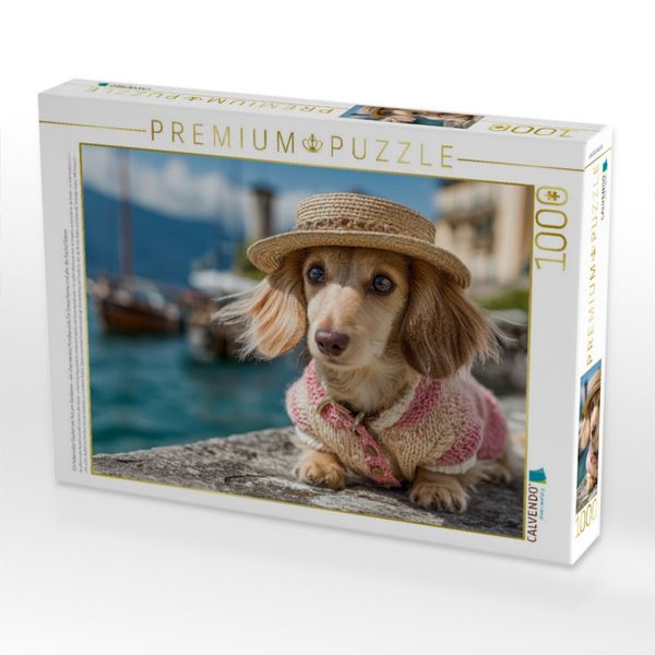 Produktbild: CALVENDO Puzzle Ein liebevoller Dackel mit Hut am Gardasee - ein charmantes Hundepuzzle f&uuml;r Erwachsene und alle, die Dackel lieben. | 1000 Teile Lege-Gr&ouml;&szlig;e 64x48cm Foto-Puzzle f&uuml;r gl&uuml;ckliche Stunden