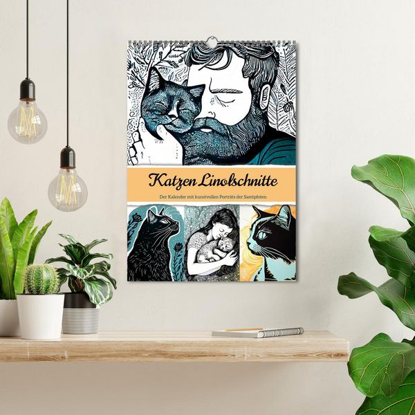 Produktbild: Katzen Linolschnitt - Der Kalender mit kunstvollen Portr&auml;ts der Samtpfoten (Wandkalender 2026 DIN A3 hoch), CALVENDO Monatskalender