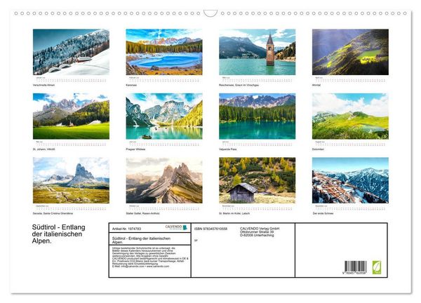 Produktbild: S&uuml;dtirol - Entlang der italienischen Alpen. (Wandkalender 2026 DIN A2 quer), CALVENDO Monatskalender