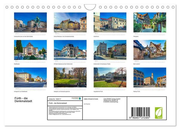 Produktbild: F&uuml;rth - die Denkmalstadt (Wandkalender 2026 DIN A4 quer), CALVENDO Monatskalender