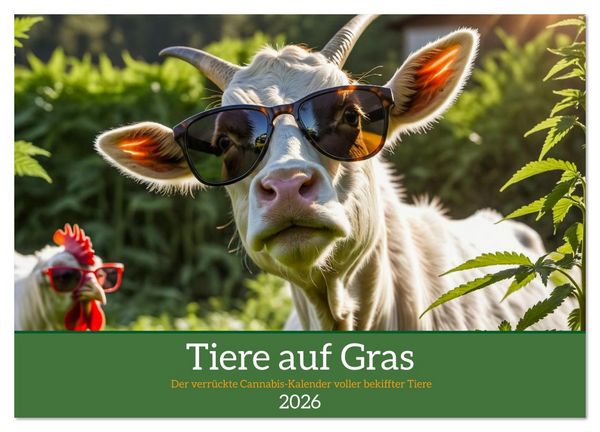 Produktbild: Tiere auf Gras - Der verr&uuml;ckte Cannabis-Kalender voller bekiffter Tiere (Wandkalender 2026 DIN A3 quer), CALVENDO Monatskalender