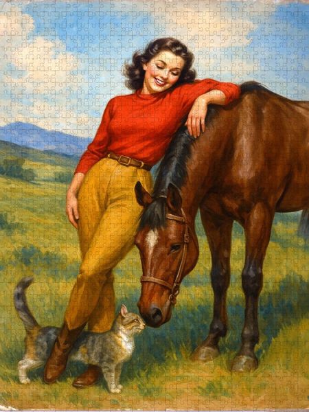 Produktbild: CALVENDO Puzzle Die Tiere auf dem Hof - Frau der 50er Jahre | 2000 Teile Lege-Gr&ouml;&szlig;e 90x67cm Foto-Puzzle f&uuml;r gl&uuml;ckliche Stunden