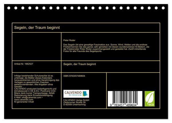 Produktbild: Segeln, der Traum beginnt (Tischkalender 2026 DIN A5 quer), CALVENDO Monatskalender