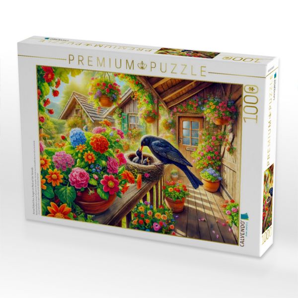 Produktbild: CALVENDO Puzzle Amsel f&uuml;ttert ihre Jungen im Nest auf der Veranda | 1000 Teile Lege-Gr&ouml;&szlig;e 64x48cm Foto-Puzzle f&uuml;r gl&uuml;ckliche Stunden