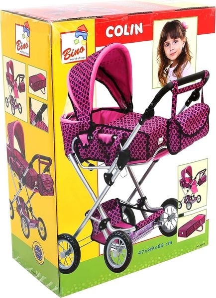 Bino 82916 - Colin Puppenwagen mit Tasche, Hängetasche und Netz, zusammenklappbar, rosa/schwarz