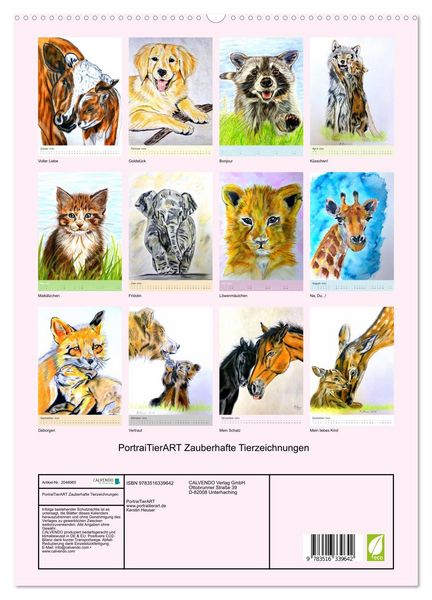 Produktbild: PortraiTierART Zauberhafte Tierzeichnungen (hochwertiger Premium Wandkalender 2026 DIN A2 hoch), Kunstdruck in Hochglanz