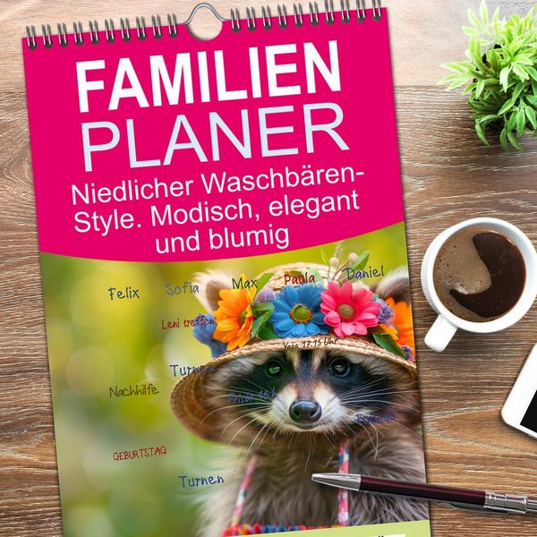 Produktbild: Familienplaner 2026 - Niedlicher Waschb&auml;ren-Style. Modisch, elegant und blumig mit 5 Spalten (Wandkalender, 21 x 45 cm) CALVENDO