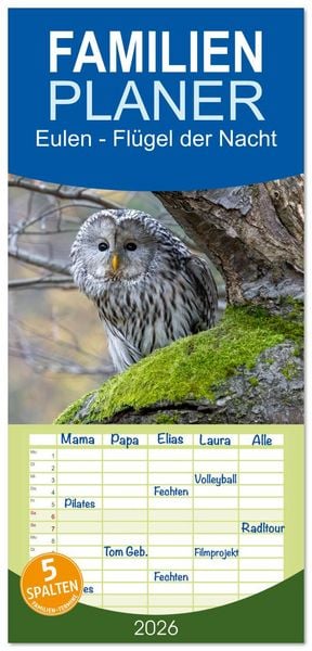 Produktbild: Familienplaner 2026 - Eulen - Fl&uuml;gel der Nacht mit 5 Spalten (Wandkalender, 21 x 45 cm) CALVENDO