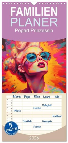 Produktbild: Familienplaner 2026 - Popart Prinzessin mit 5 Spalten (Wandkalender, 21 x 45 cm) CALVENDO