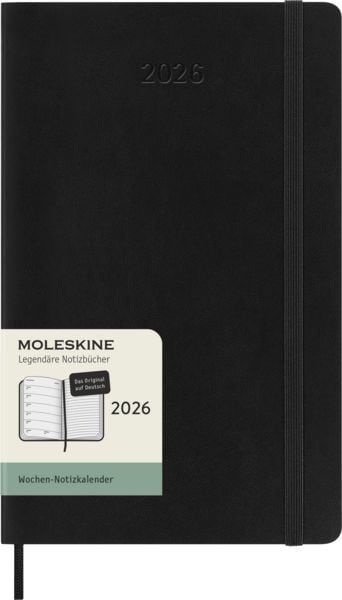 Moleskine 12 Monate Wochen Notizkalender Deutsch 2026, Large/A5, 1 Wo = 1 Seite, rechts linierte Seite, Weicher Einband, Schwarz