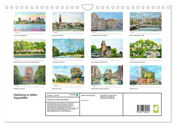 Produktbild: Hamburg in stillen Aquarellen (Wandkalender 2026 DIN A4 quer), CALVENDO Monatskalender