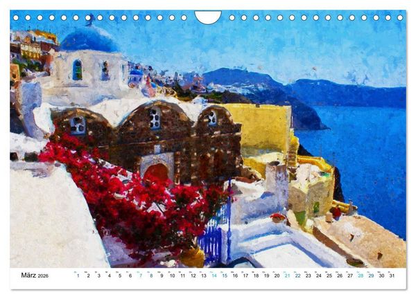 Produktbild: Urlaub auf Santorin - Gemalte Ansichten der Kykladeninsel (Wandkalender 2026 DIN A4 quer), CALVENDO Monatskalender
