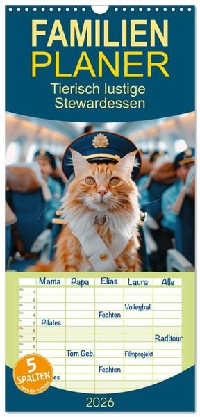 Familienplaner 2026 - Tierisch lustige Stewardessen mit 5 Spalten (Wandkalender, 21 x 45 cm) CALVENDO