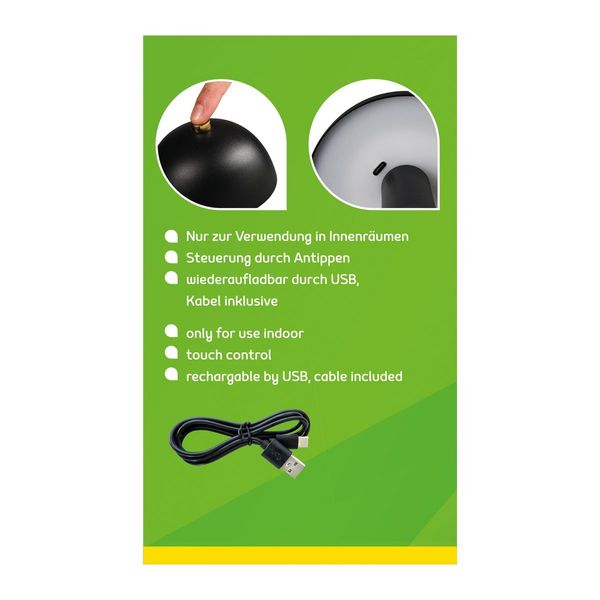 Produktbild: Idena LED Tischleuchte Touch Fado Metall schwarz 10x16,5cm Akku USB C dimmbar 3 Modi Innen