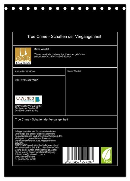 Produktbild: True Crime - Schatten der Vergangenheit (Tischkalender 2026 DIN A5 hoch), CALVENDO Monatskalender