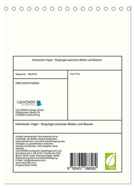 Produktbild: Heimische V&ouml;gel - Singv&ouml;gel zwischen Bl&uuml;ten und Beeren (Tischkalender 2026 DIN A5 hoch), CALVENDO Monatskalender