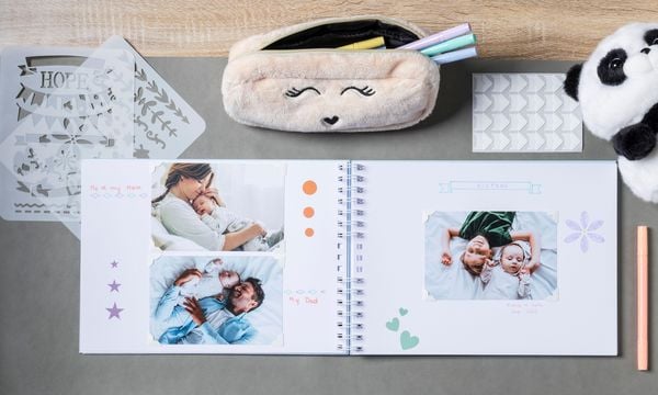Produktbild: Scrapbooking-Set, Fotoalbum mit Spiralbindung, 50 Seiten wei&szlig;, 32x22 cm + Stifte, Sticker, Schablonen, Fotoecken