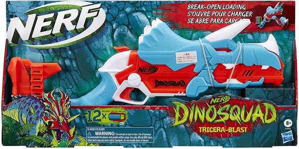 Hasbro F0803EU4 - Nerf DinoSquad Tricera-Blast Dart-Blaster, aufklappbarer 3-Dart Lauf, 12 Nerf Darts
