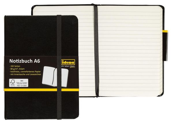 Produktbild: Idena Notizbuch 80g/m&sup2; liniert schwarz DIN A6 192 Seiten
