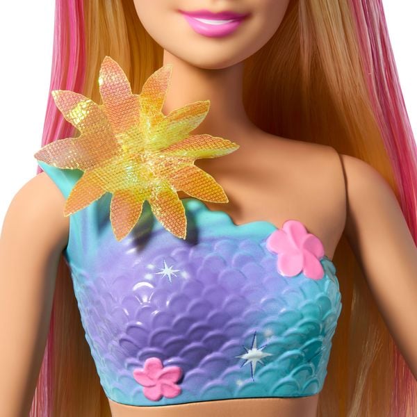 Produktbild: Barbie Flower Magic Meerjungfrauen-Spielzeugpuppe mit magischer Überraschungsblüte und perlenbesetztem Haarreif
