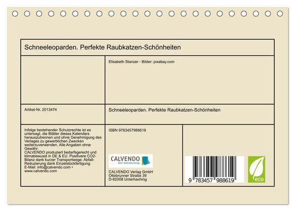 Produktbild: Schneeleoparden. Perfekte Raubkatzen-Sch&ouml;nheiten (Tischkalender 2026 DIN A5 quer), CALVENDO Monatskalender