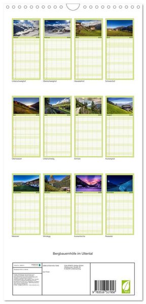 Produktbild: Familienplaner 2026 - Bergbauernh&ouml;fe im Ultental mit 5 Spalten (Wandkalender, 21 x 45 cm) CALVENDO