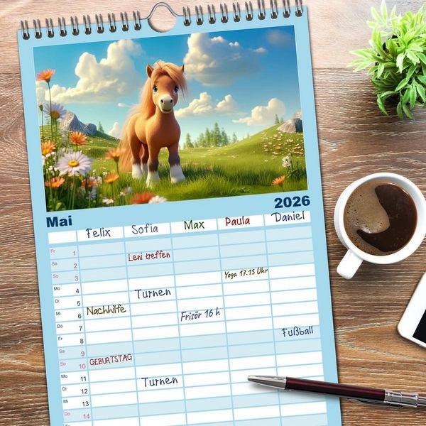 Produktbild: Familienplaner 2026 - Niedliche Ponys mit 5 Spalten (Wandkalender, 21 x 45 cm) CALVENDO