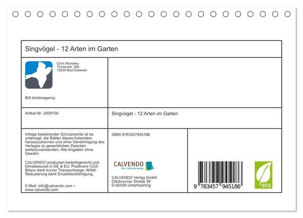 Produktbild: Singv&ouml;gel - 12 Arten im Garten (Tischkalender 2026 DIN A5 quer), CALVENDO Monatskalender