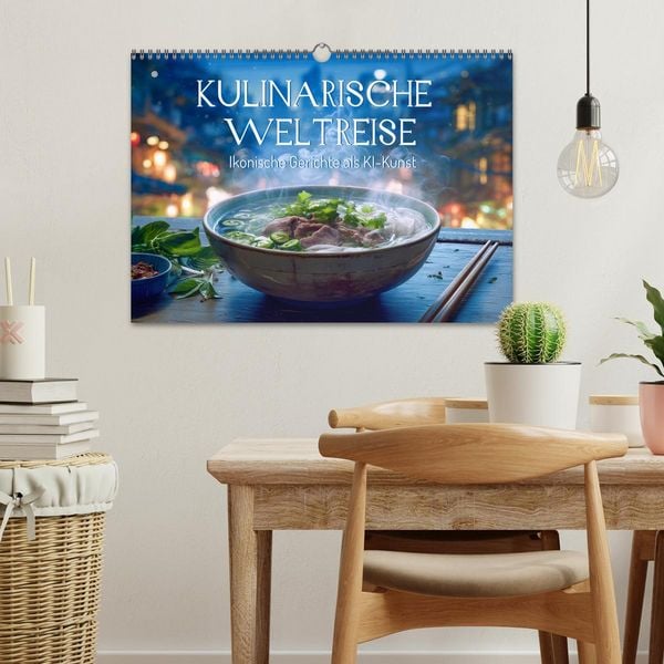 Produktbild: Kulinarische Weltreise. Ikonische Gerichte als KI-Kunst (Wandkalender 2026 DIN A3 quer), CALVENDO Monatskalender