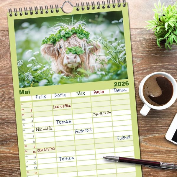 Produktbild: Familienplaner 2026 - Schottische Hochland Rinder mit 5 Spalten (Wandkalender, 21 x 45 cm) CALVENDO